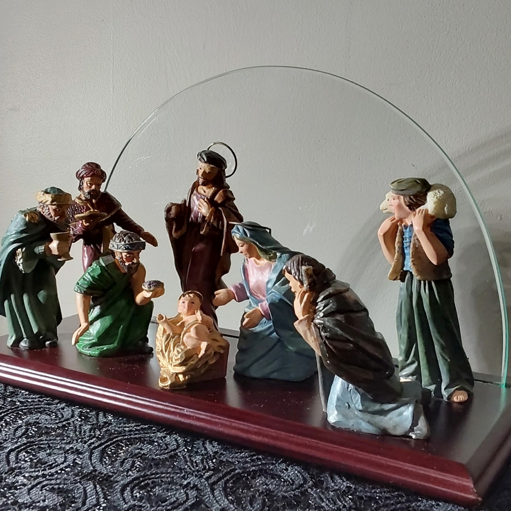 NATIVITY THREE KINGS FIGURINES ON WOOD WITH GLASS - Picture 3 of 6